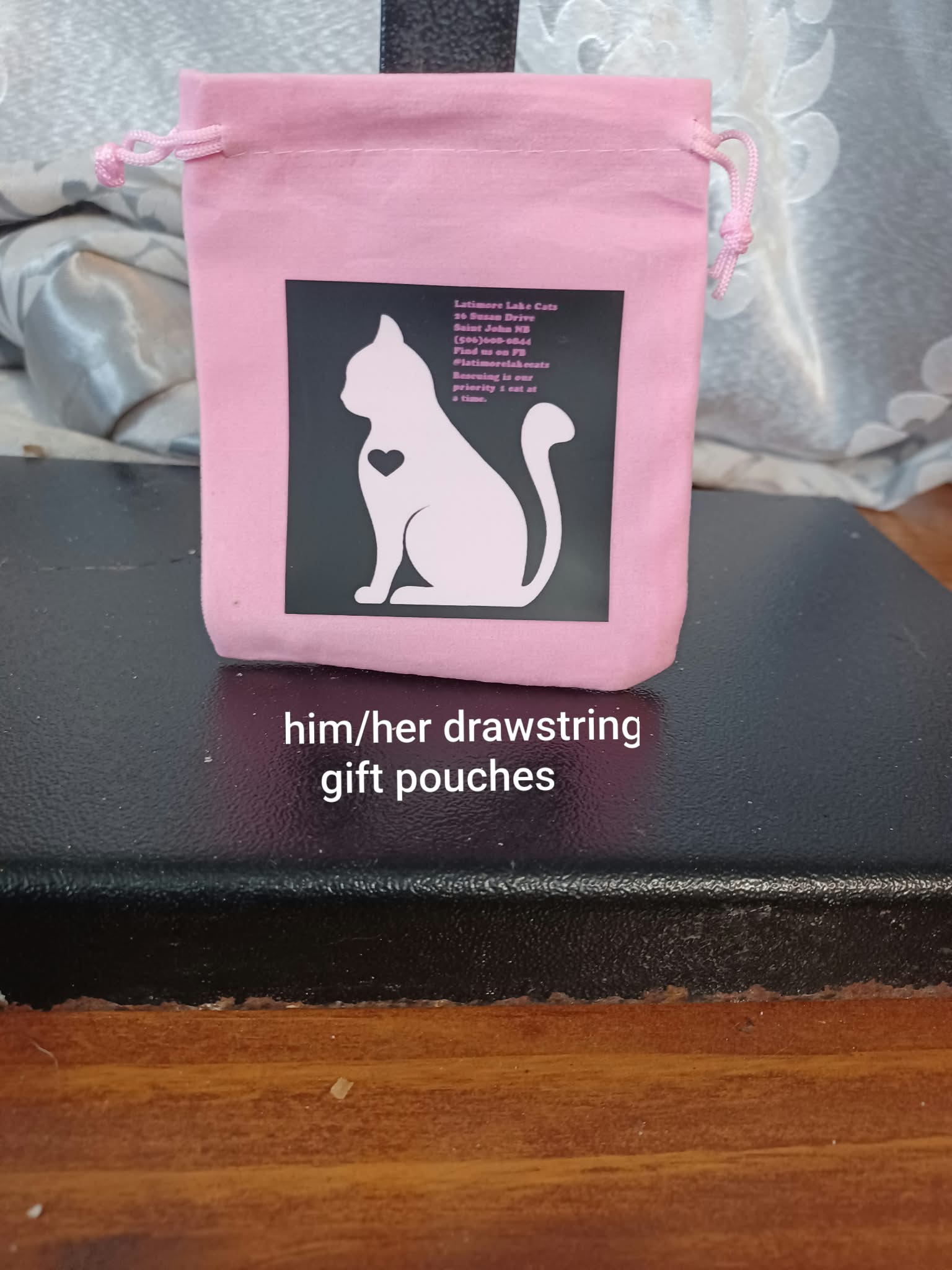 Pink Drawstring Gift Pouch with Rescue Cat Silhouette