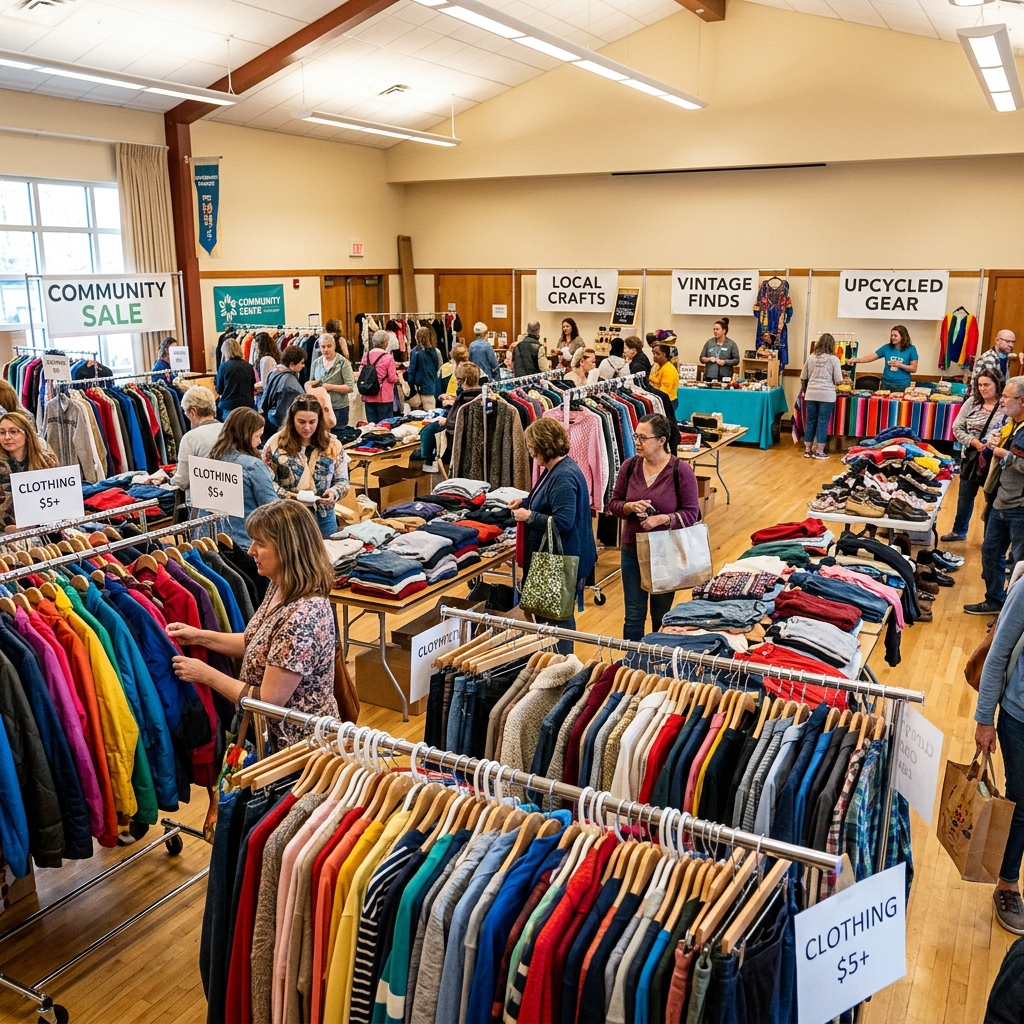 Community Center Yard Sale with clothing and vendors